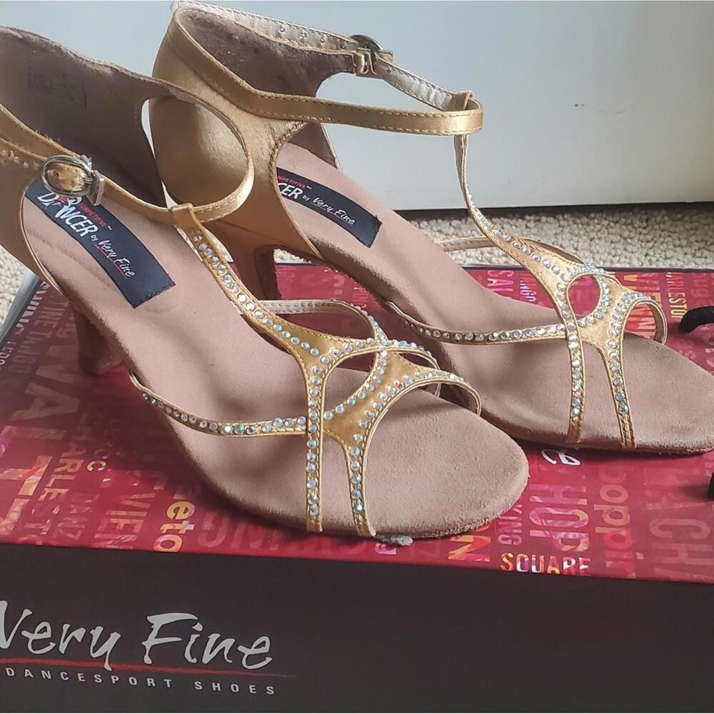 VERY FINE - gold satin w/ crystal professional dance shoes - 3 inch heel